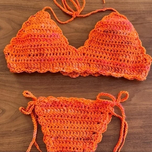 ORANGE ANGORA BLEND CROCHETED BIKINI - Picture 6 of 15